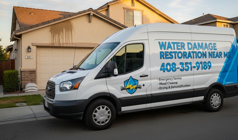 Water Damage Restoration Near Me branded service vehicle parked in front of a residential home